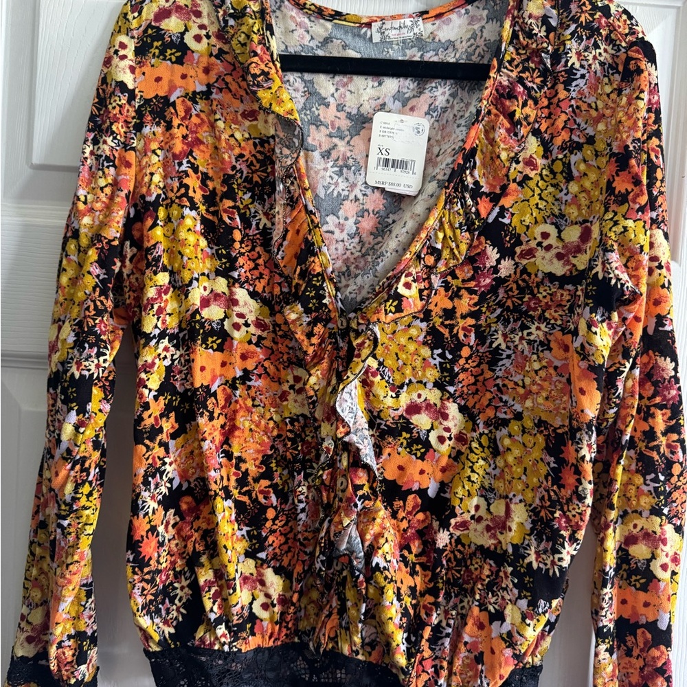Free People Orange Yellow Ruched Tie Front Blouse